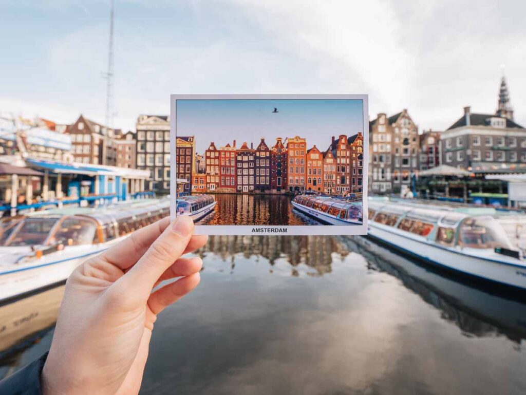 Amsterdam postcard in front of canal