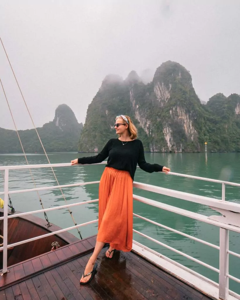 Girl on Halong Bay Cruise in winter