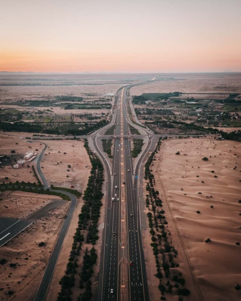 Aerial view of main road out of Dubai through the desert