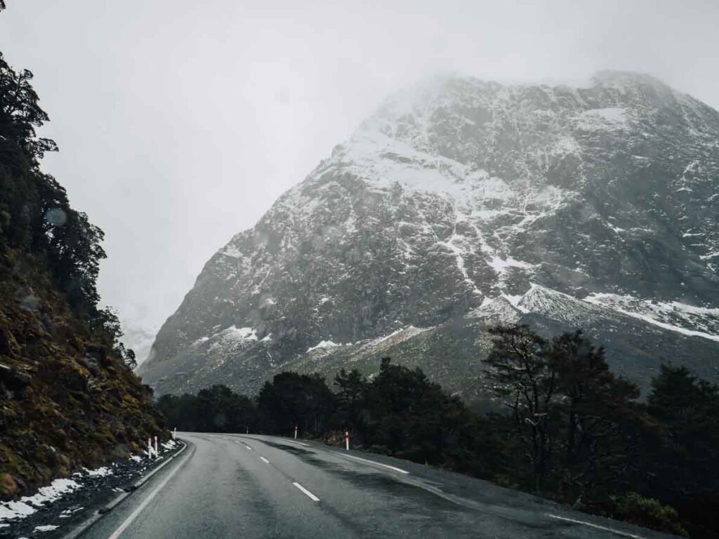 road to milford sound in winter
