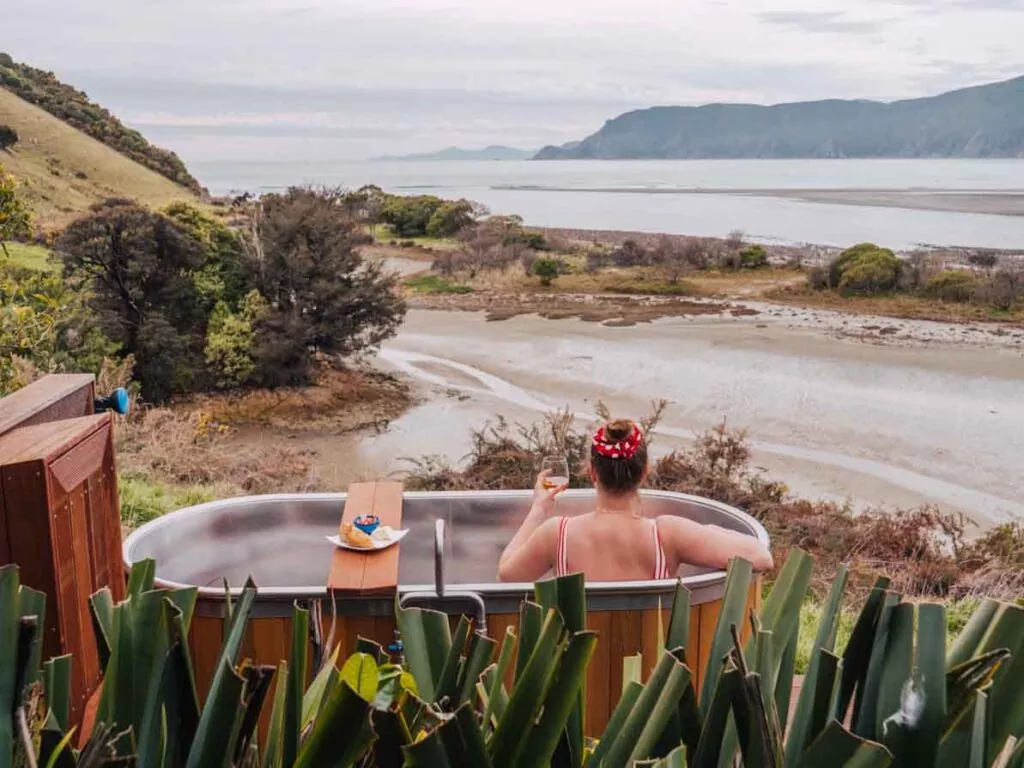 Outdoor bath tub at Pepin Island glamping in New Zealand