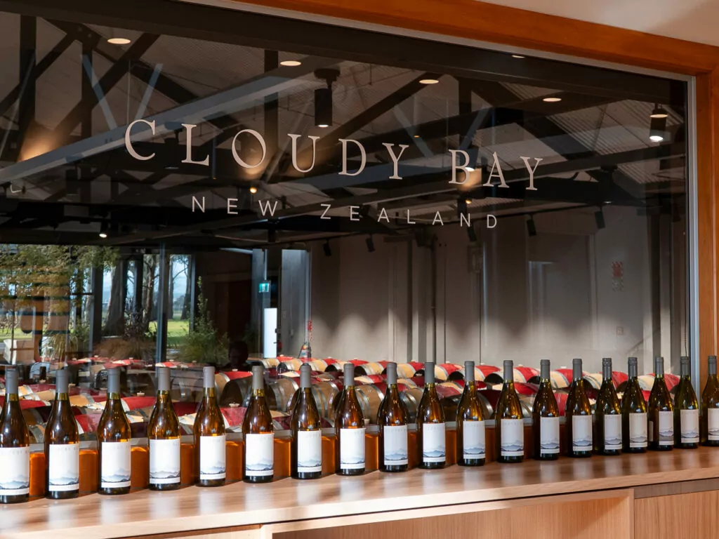 A row of wine bottles displayed on a counter beneath the glass sign for Cloudy Bay Winery, one of Marlborough’s most famous wine destinations