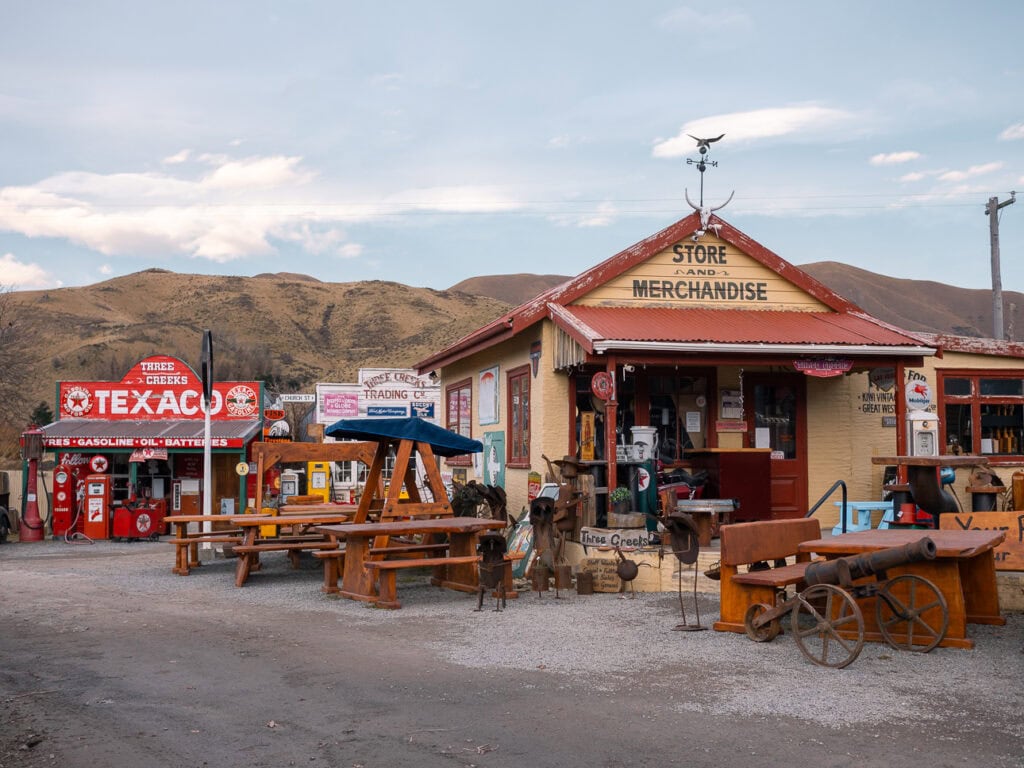 The historic Burkes Pass Merchandise store, a classic photo stop on the drive to Lake Tekapo