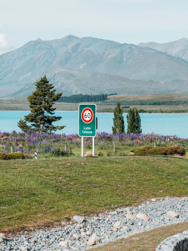 Lake Tekapo village entrance road sign beside the lake with a pine tree and mountains in the background