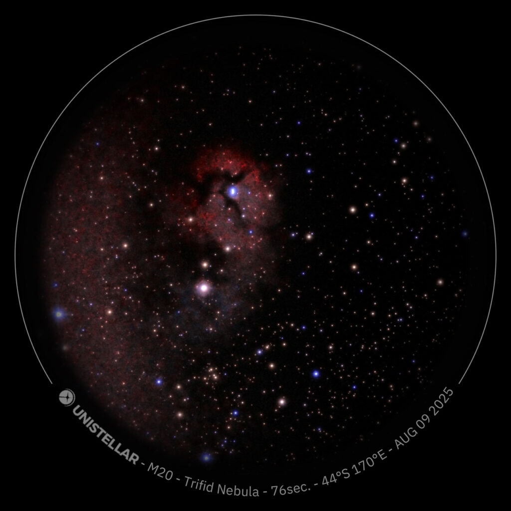 The Trifid Nebula M20 captured through a Unistellar telescope on a Chameleon Stargazing tour at Tekapo