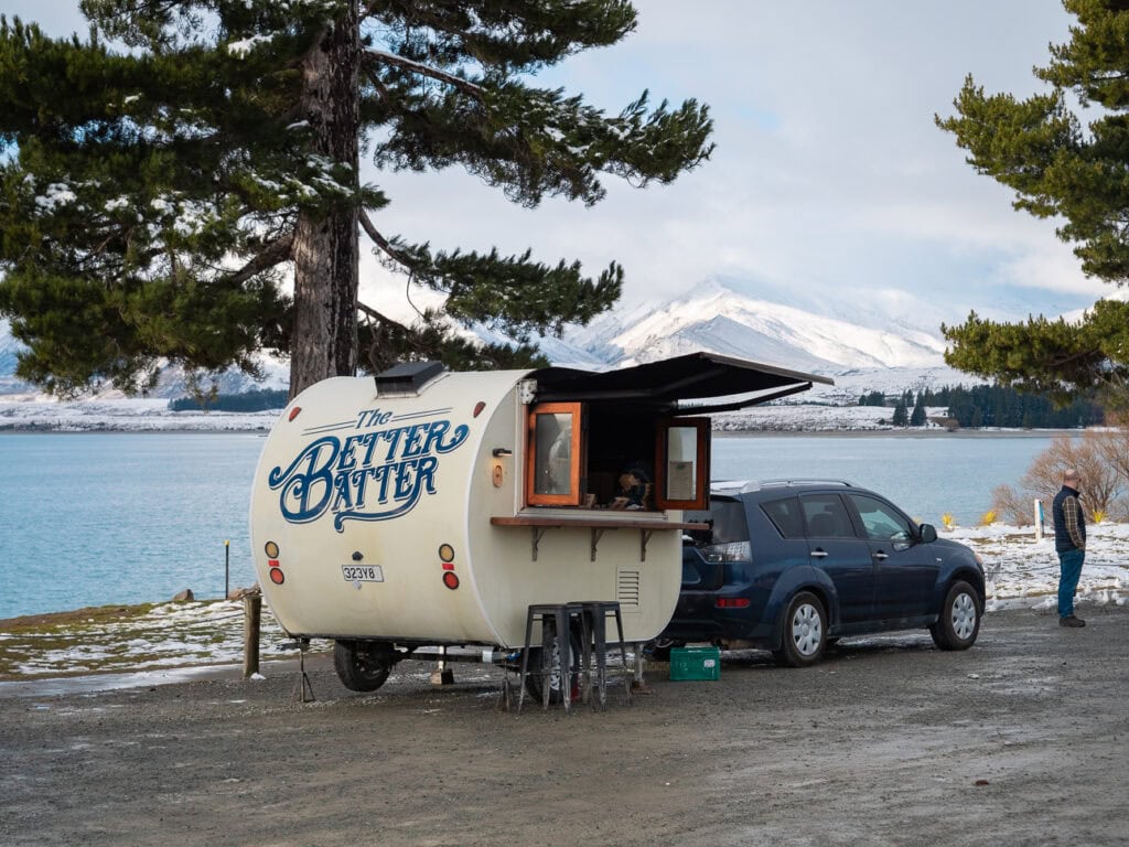 The Better Batter food truck parked on the shore of Lake Tekapo