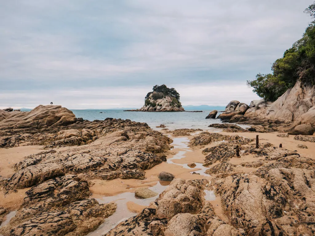 Rocky tide pools and turquoise water on a calm beach in Abel Tasman National Park under a soft overcast sky
