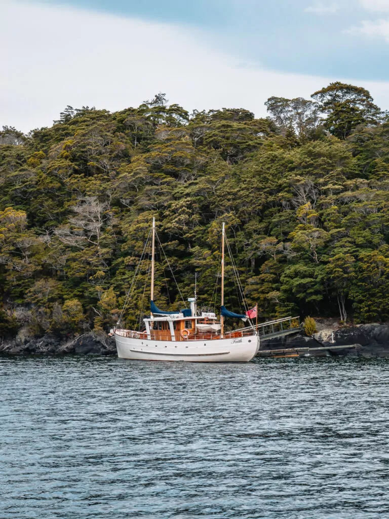 Classic wooden boat cruising across Lake Te Anau with dense forest rising behind the shoreline
