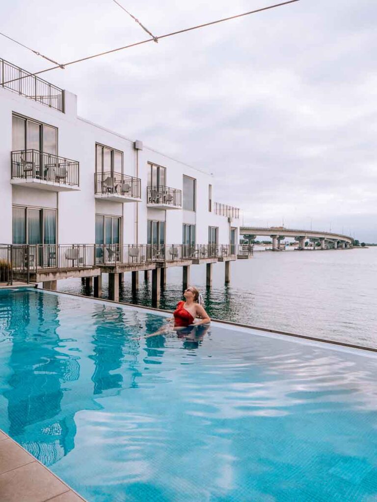 infinity pool at trinity wharf tauranga hotel in new zealand