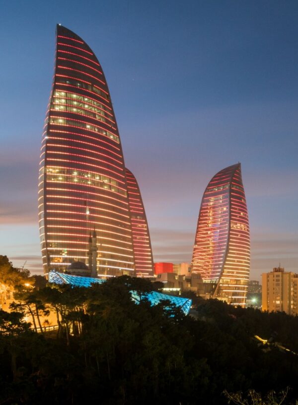 three FLAME BUILDINGS IN BAKU AZERBAIJAN