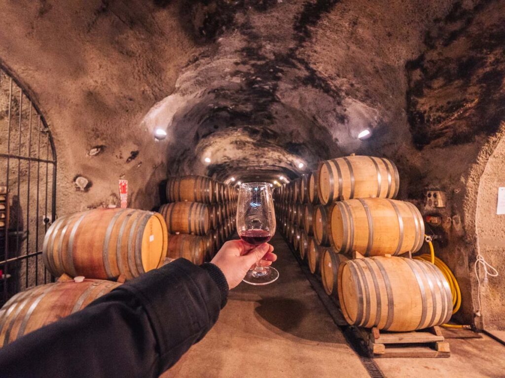 wine glass in front of barrels in wine cave at gibbston valley