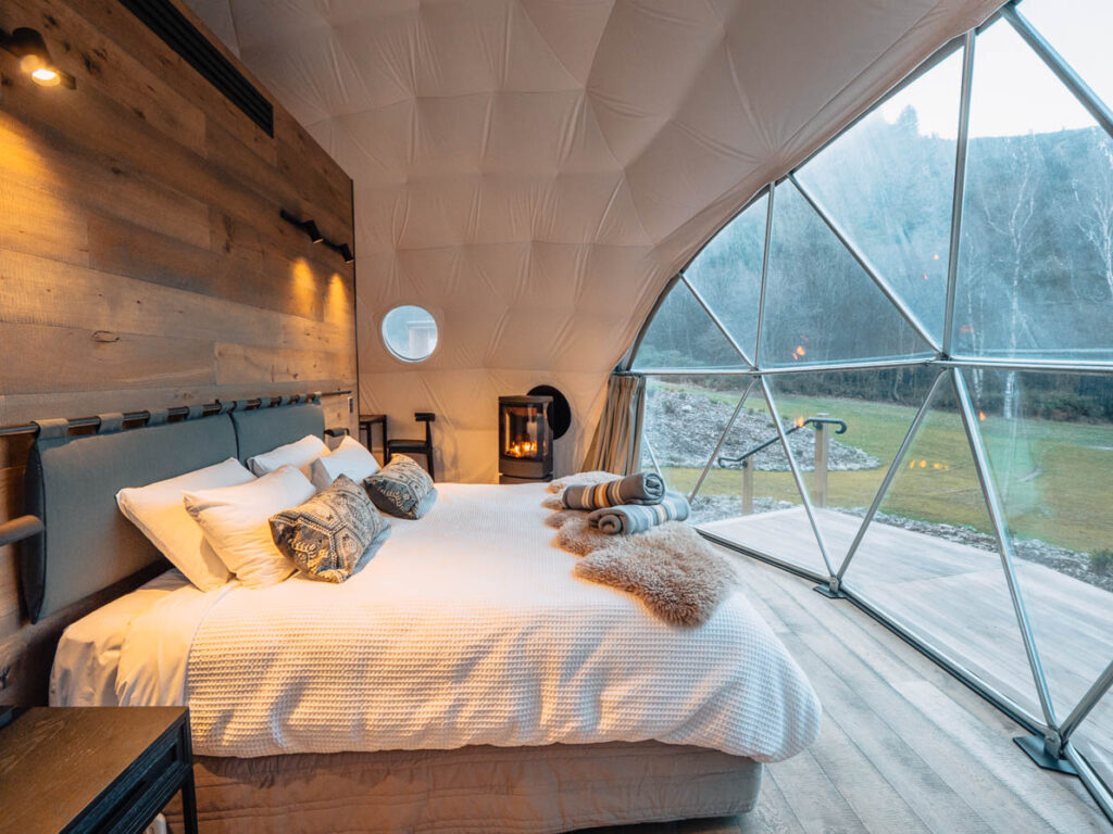 bedroom inside glamping dome