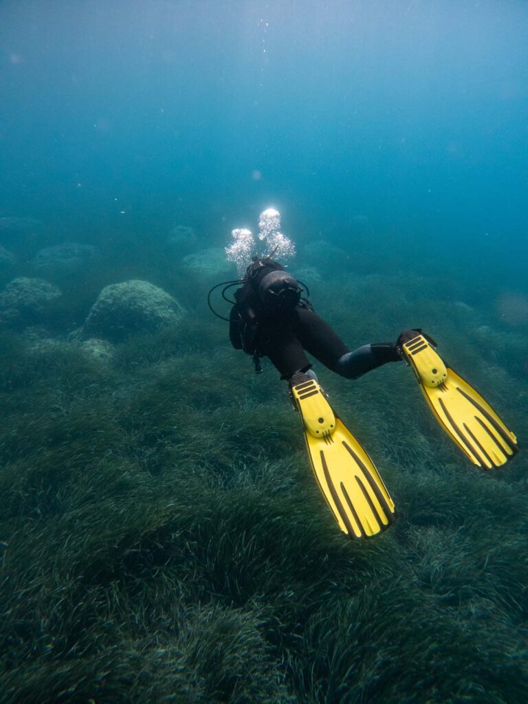 Scuba diver exploring the underwater wonders of the National Marine Park of Alonissos, with bright yellow fins, navigating through the serene blue waters and seagrass beds, offering a glimpse into the aquatic travel adventures in Greece