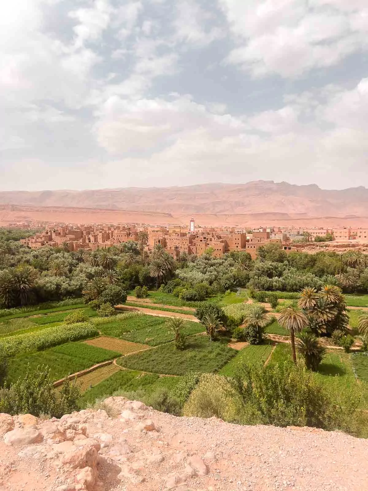 Breathtaking view of Tinghir oasis with lush greenery contrasting the surrounding reddish-brown desert terrain, a scenic landscape to admire on a journey through Morocco