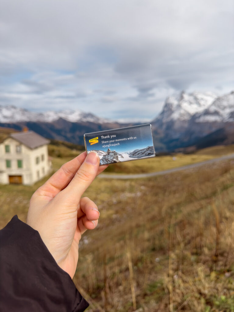 A hand holds up a Swiss chocolate against a backdrop of the picturesque Swiss Alps, symbolising the ease of exploring Switzerland's majestic landscapes
