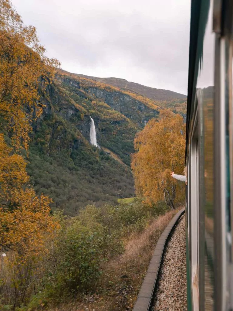 A captivating view from the Flam railway, featuring autumn-coloured foliage and a distant waterfall, inviting travellers to ponder 