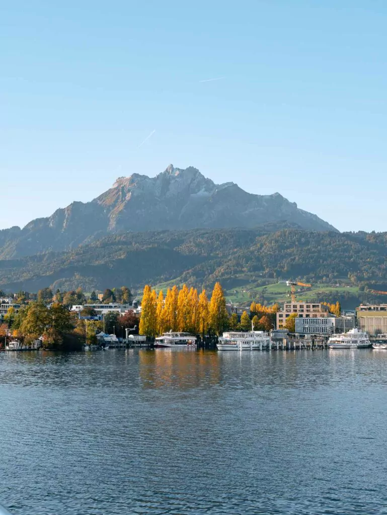Golden autumn trees frame the tranquil waters of Lake Lucerne with the majestic peaks of a mountain, possibly Mount Pilatus, in the background, a scenic vista to enjoy on a lake cruise