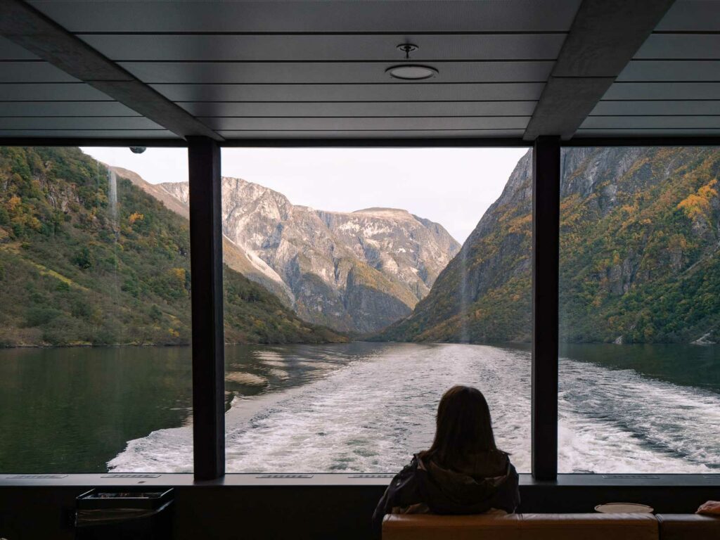 A passenger enjoys the breathtaking view of Naeroyfjord from the cruise ship's large window, with steep mountains reflected in the still waters, an immersive fjord experience in Norway