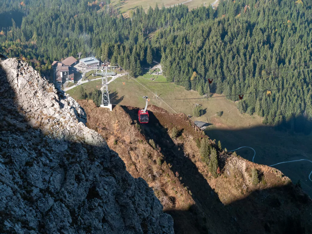 Cable car gliding over forested slopes on Mount Pilatus near Lucerne