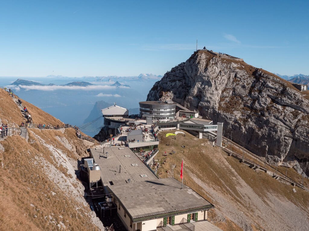 Mount Pilatus summit showing the cogwheel railway station and mountain hotel