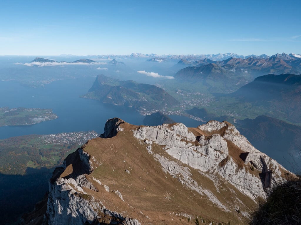 Rocky ridgeline at Mount Pilatus with sea of clouds below