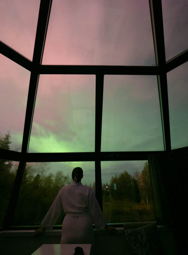 A silhouetted figure stands in awe inside Santa's Igloos Arctic Circle in Rovaniemi, gazing out at the ethereal Northern Lights dancing across the night sky through the igloo's glass ceiling