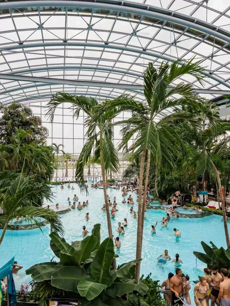 Indoor Therme Bucharest water park with a glass ceiling, lush palm trees, and a crowd of visitors enjoying the pool, an unexpected delight in Bucharest, Romania