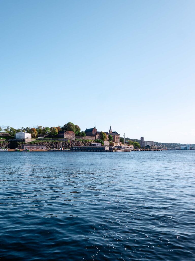 A panoramic view of Oslo harbour on a clear day, showcasing the serene blue waters with a backdrop of the city's historic architecture and greenery