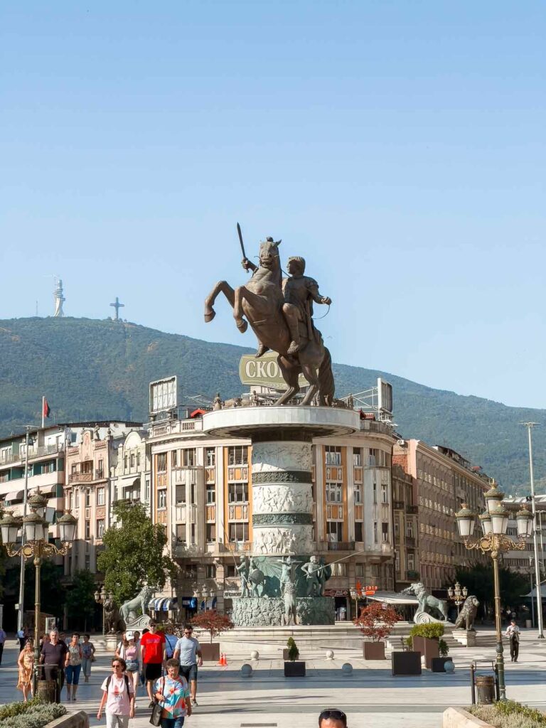 The grand statue of Alexander the Great on his horse Bucephalus, dominating the central square of Skopje, North Macedonia.