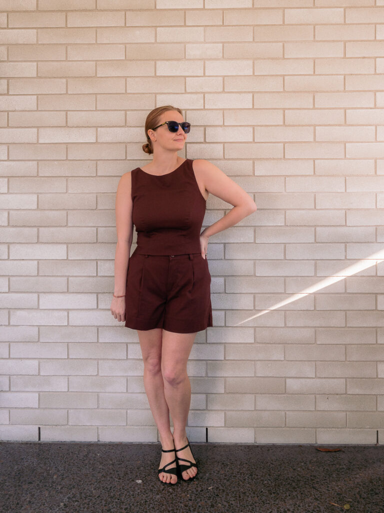 Chocolate brown top and shorts linen set from Pink Lotus tailor in Hoi An