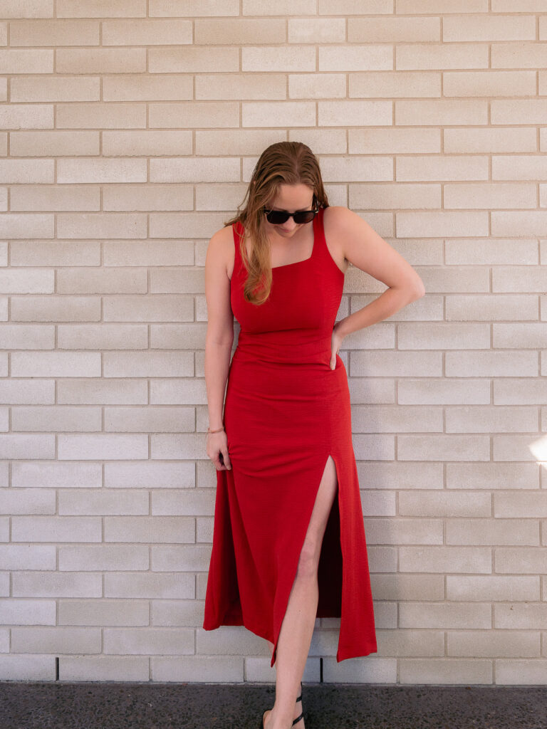 Burnt orange floor-length dress with a high side slit from Milan Linen tailor in Hoi An