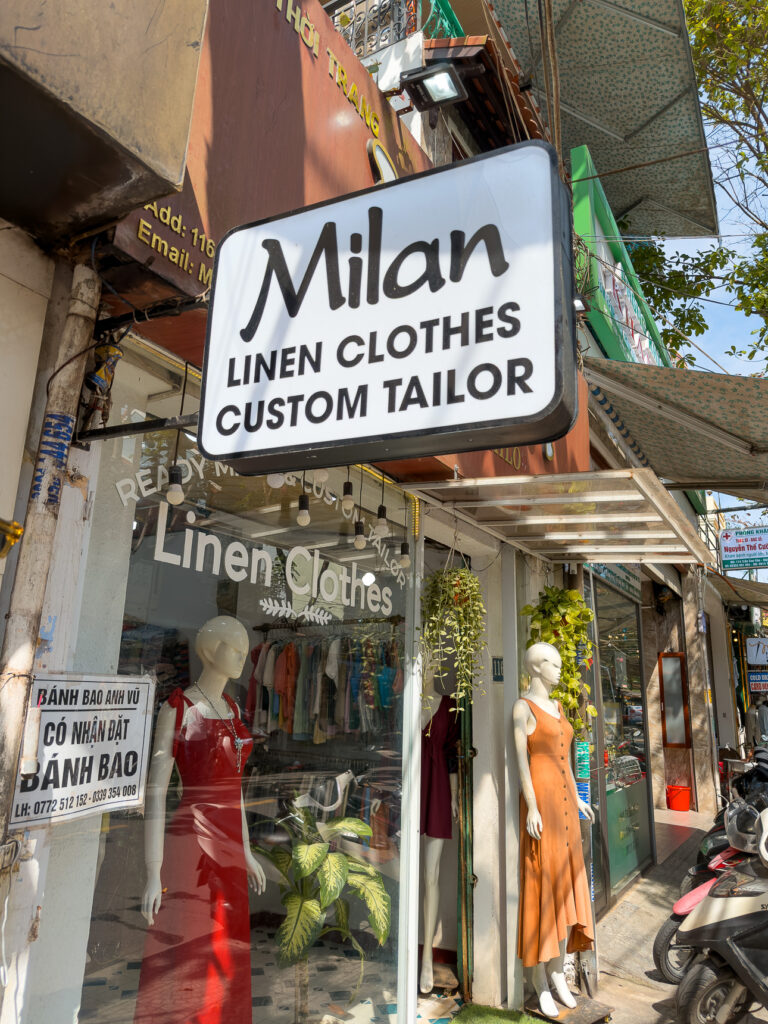 Milan Linen custom tailor shopfront and signage