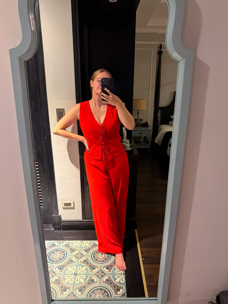 Red linen vest and trouser set from Heritage tailor in Hoi An, mirror shot