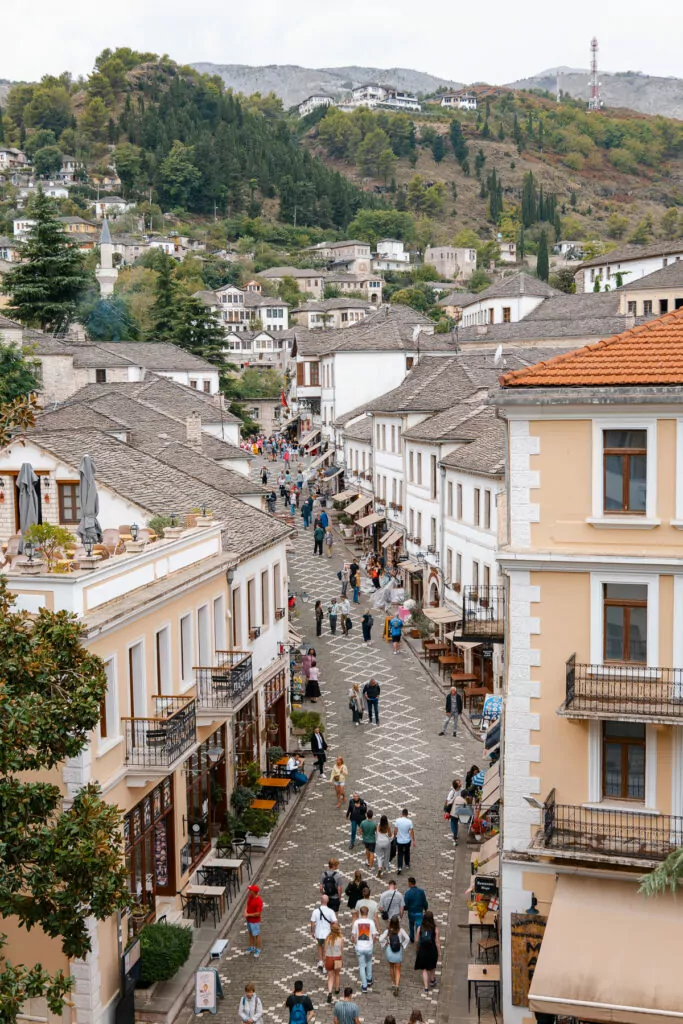 Aerial view of Gjirokastër's Old Bazaar with Ottoman-era buildings