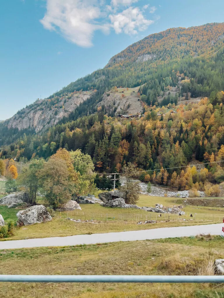 Autumn mountain valley viewed through Glacier Express panoramic windows