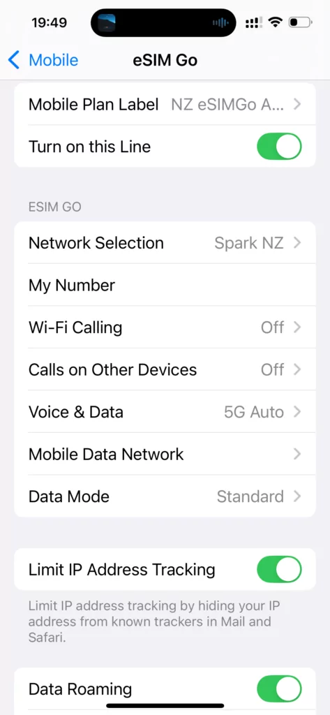 iPhone mobile settings menu showing eSIM configuration options including Mobile Plan Label, Network Selection, My Number, Wi-Fi Calling, Calls on Other Devices, Data Mode, and Data Roaming toggles for managing connectivity settings