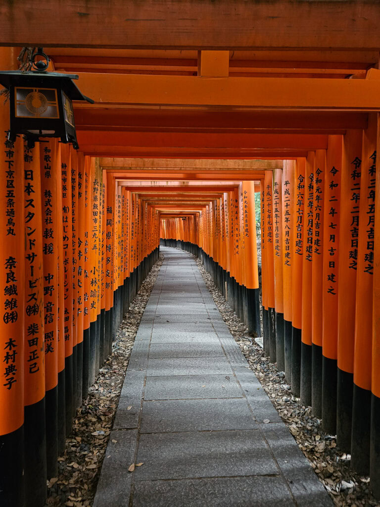 Endless orange torii gates creating dramatic tunnel pathway at Fushimi Inari Shrine in Kyoto with stone steps leading upward through vermillion archways