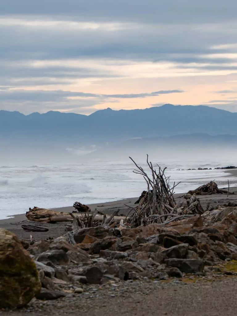 Driftwood scattered along Hokitika Beach at dusk with the Southern Alps mountains visible across the Tasman Sea on the West Coast