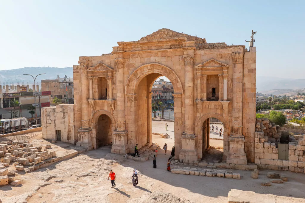 The ancient Hadrian's Arch entrance gate at the Roman ruins of Jerash, Jordan