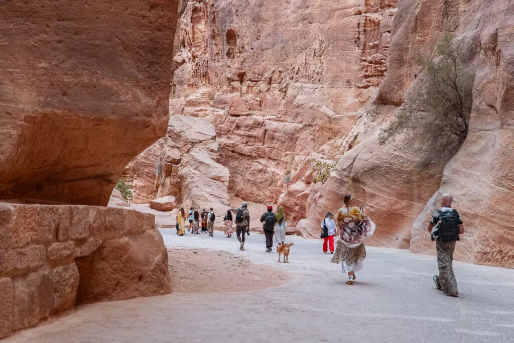 Travellers walking through a narrow sandstone canyon in Petra, Jordan