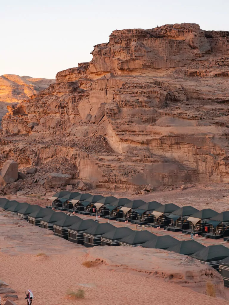 Rows of permanent tents at a desert camp in Wadi Rum, Jordan