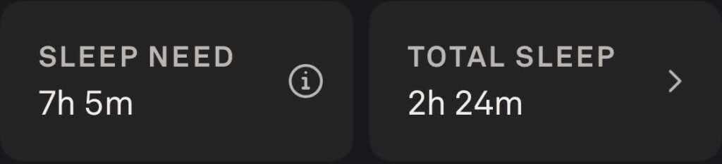 oura ring screenshot showing sleep need of 7h 5m and total sleep of 2h 24m