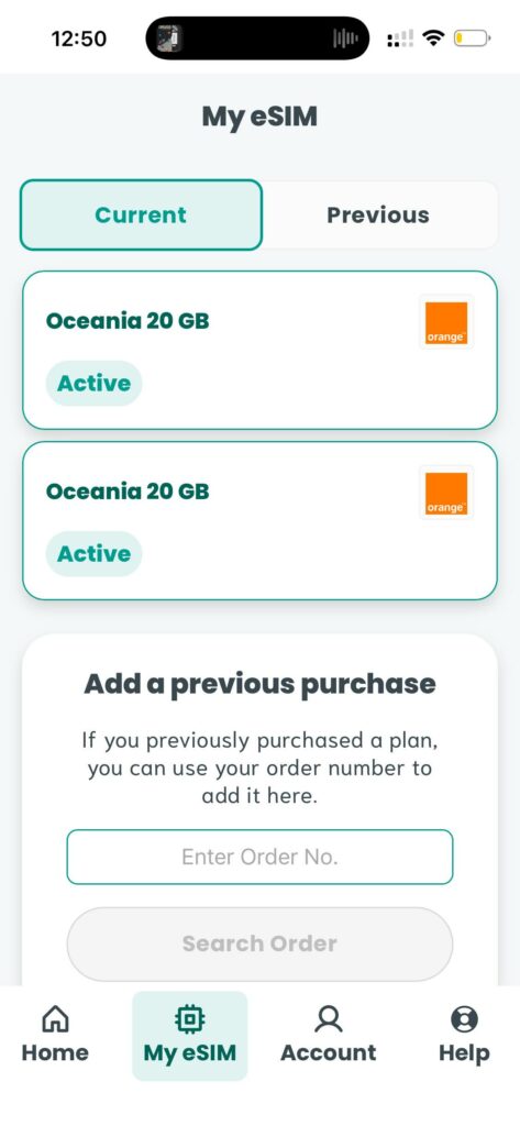 Sim Local app screenshot of the My eSIM tab showing two active Oceania 20GB plans on the Orange network, with an option to add a previous purchase using an order number.