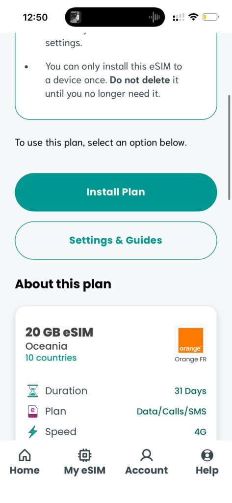 Sim Local app screenshot showing the plan install screen with Install Plan and Settings and Guides buttons, and an About This Plan section displaying 20GB Oceania eSIM details including 31 Days duration, Data/Calls/SMS plan type and 4G speed.