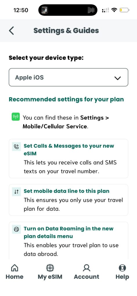 Sim Local app screenshot of the Settings and Guides page with Apple iOS selected as the device type, showing recommended settings including Set Calls and Messages to your new eSIM, Set mobile data line to this plan, and Turn on Data Roaming.