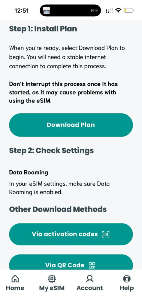 Sim Local app screenshot showing the Install Plan screen with a Download Plan button and Step 2 Check Settings instructions below, including a note to enable Data Roaming in eSIM settings.