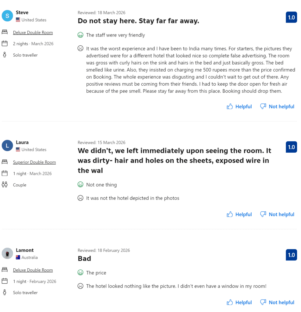 Screenshot of negative hotel reviews warning about cleanliness issues and misleading listings