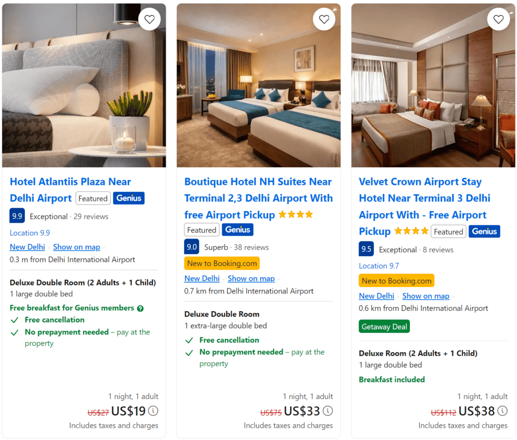 Search results page showing multiple hotel listings in Delhi with similar images and pricing, indicating potentially fake listings