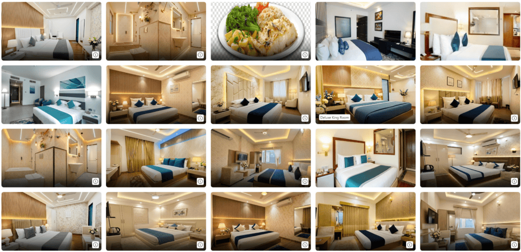 Grid of hotel room images from an online listing showing multiple identical and artificial-looking interiors, suggesting AI-generated photos