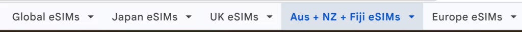 Screenshot of spreadsheet tabs showing Global eSIMs, Japan eSIMs, UK eSIMs, Aus + NZ + Fiji eSIMs (highlighted), and Europe eSIMs